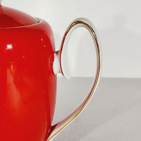 Chodziez Footed Coffee Teapot Red MCM Vtg Poland Ceramic Retro Tall Gold Trim - Picture 7 of 15